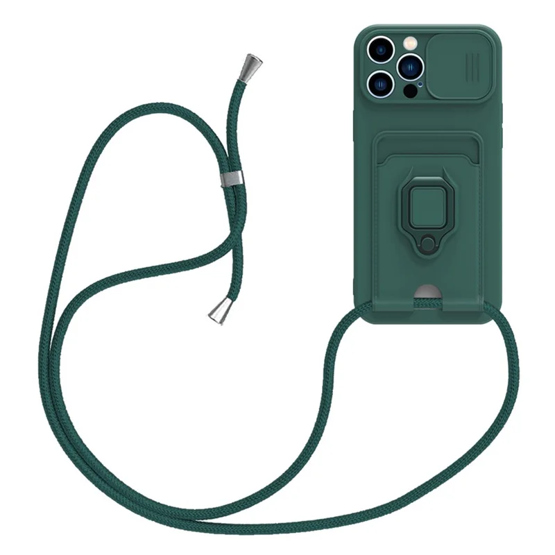 Für iPhone 14 Pro Kartenfach Ständer Handyhülle PC + TPU Abdeckung mit Lanyard - Dunkelgrün