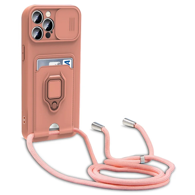 For iPhone 14 Pro Card Holder Kickstand Phone Case PC + TPU Cover with Lanyard - Pink