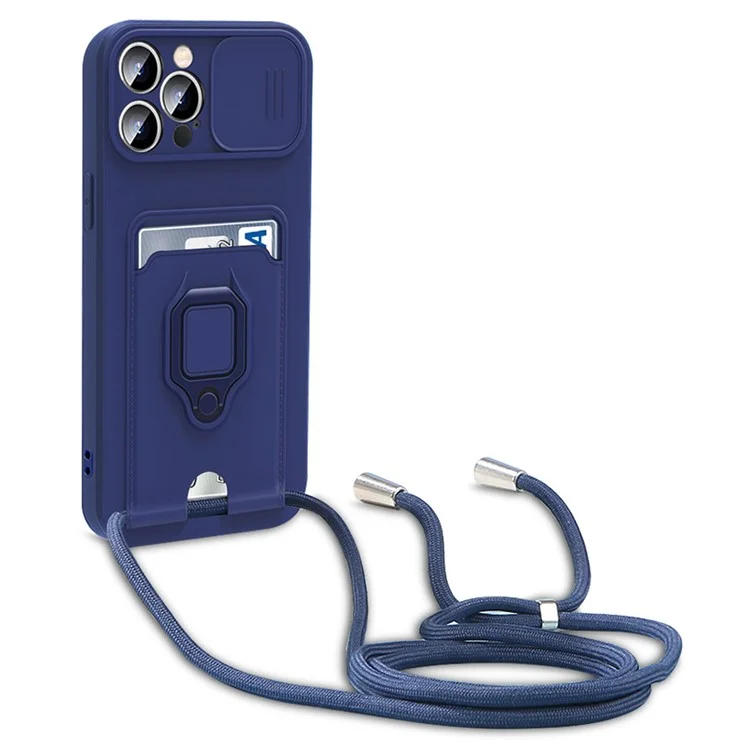 For iPhone 15 Pro Case PC+TPU Cell Phone Cover Card Holder Kickstand Protective Shell with Lanyard - Sapphire