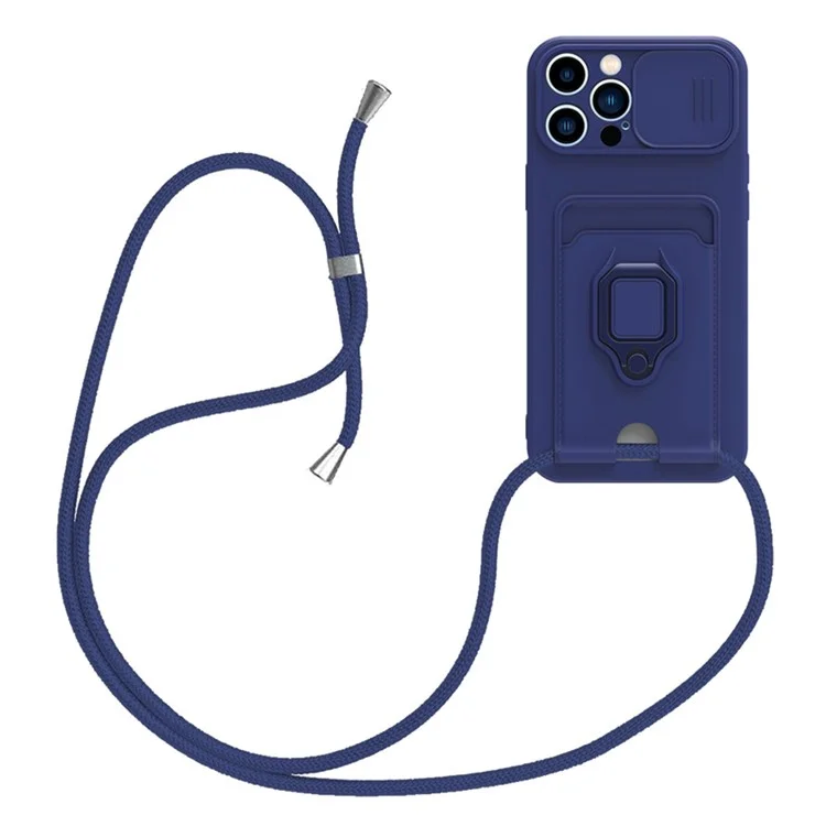 For iPhone 15 Pro Case PC+TPU Cell Phone Cover Card Holder Kickstand Protective Shell with Lanyard - Sapphire