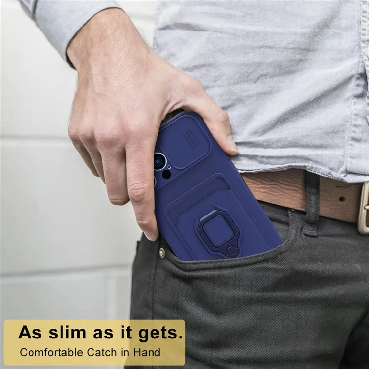 For iPhone 15 Pro Case PC+TPU Cell Phone Cover Card Holder Kickstand Protective Shell with Lanyard - Sapphire