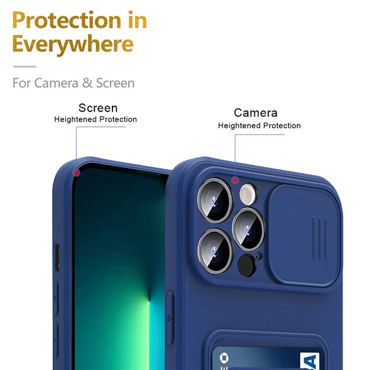For iPhone 15 Pro Case PC+TPU Cell Phone Cover Card Holder Kickstand Protective Shell with Lanyard - Sapphire