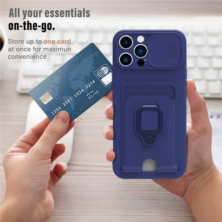 For iPhone 15 Pro Case PC+TPU Cell Phone Cover Card Holder Kickstand Protective Shell with Lanyard - Sapphire