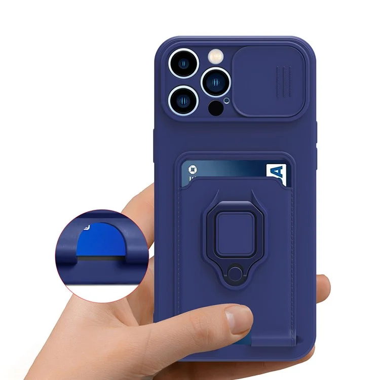 For iPhone 15 Pro Case PC+TPU Cell Phone Cover Card Holder Kickstand Protective Shell with Lanyard - Sapphire