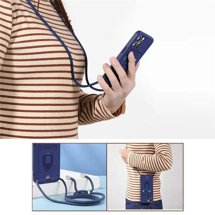 For iPhone 15 Pro Case PC+TPU Cell Phone Cover Card Holder Kickstand Protective Shell with Lanyard - Sapphire