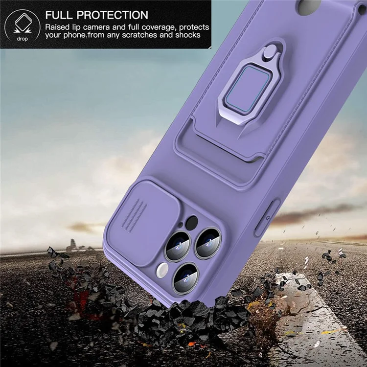 For iPhone 15 Pro Case PC+TPU Cell Phone Cover Card Holder Kickstand Protective Shell with Lanyard - Sapphire