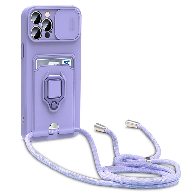 Capa para iPhone 15 Pro PC+TPU Capa de Telefone Celular com Suporte para Cartão Suporte de Kickstand Capa Protetora com Cordão - Roxo