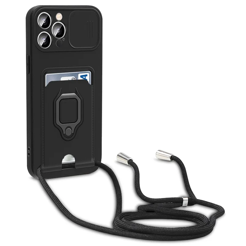 For iPhone 15 Pro Case PC+TPU Cell Phone Cover Card Holder Kickstand Protective Shell with Lanyard - Black