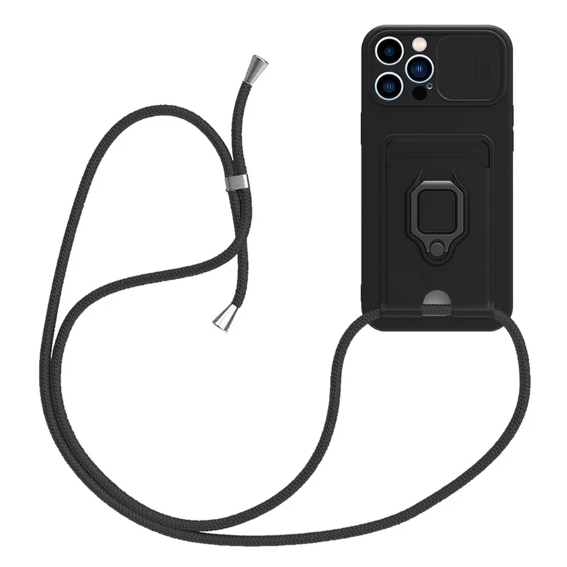 For iPhone 15 Pro Case PC+TPU Cell Phone Cover Card Holder Kickstand Protective Shell with Lanyard - Black