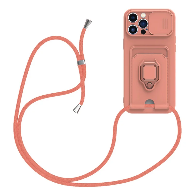 Per iPhone 15 Pro Case PC+TPU Custodia per cellulare Porta scheda Supporto Guscio protettivo con cordino - Rosa