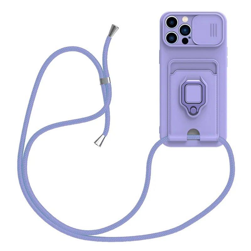 For iPhone 15 Pro Max Case Card Holder PC + TPU Phone Kickstand Cover with Lanyard - Purple