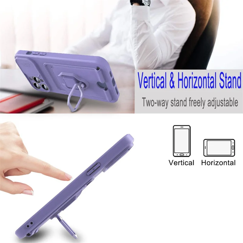 For iPhone 15 Pro Max Case Card Holder PC + TPU Phone Kickstand Cover with Lanyard - Purple
