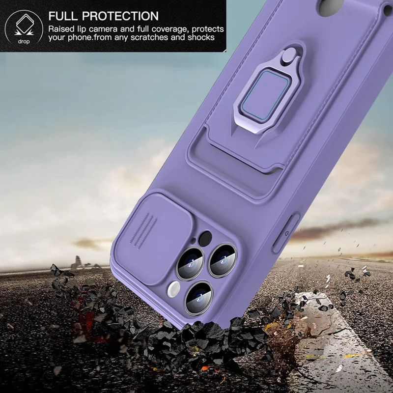 For iPhone 15 Pro Max Case Card Holder PC + TPU Phone Kickstand Cover with Lanyard - Purple