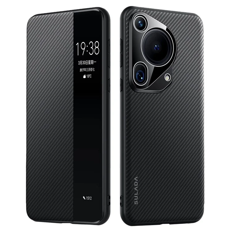 SULADA Pour Huawei Pura 70 Ultra Étui en fibre de carbone Texture en cuir Housse de téléphone Veille/Réveil automatique - Noir