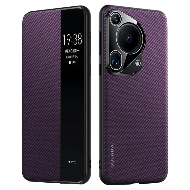 SULADA Para Huawei Pura 70 Ultra Case Textura de Fibra de Carbono Capa de Telefone de Couro com Função de Suspensão/Ativação Automática - Roxo