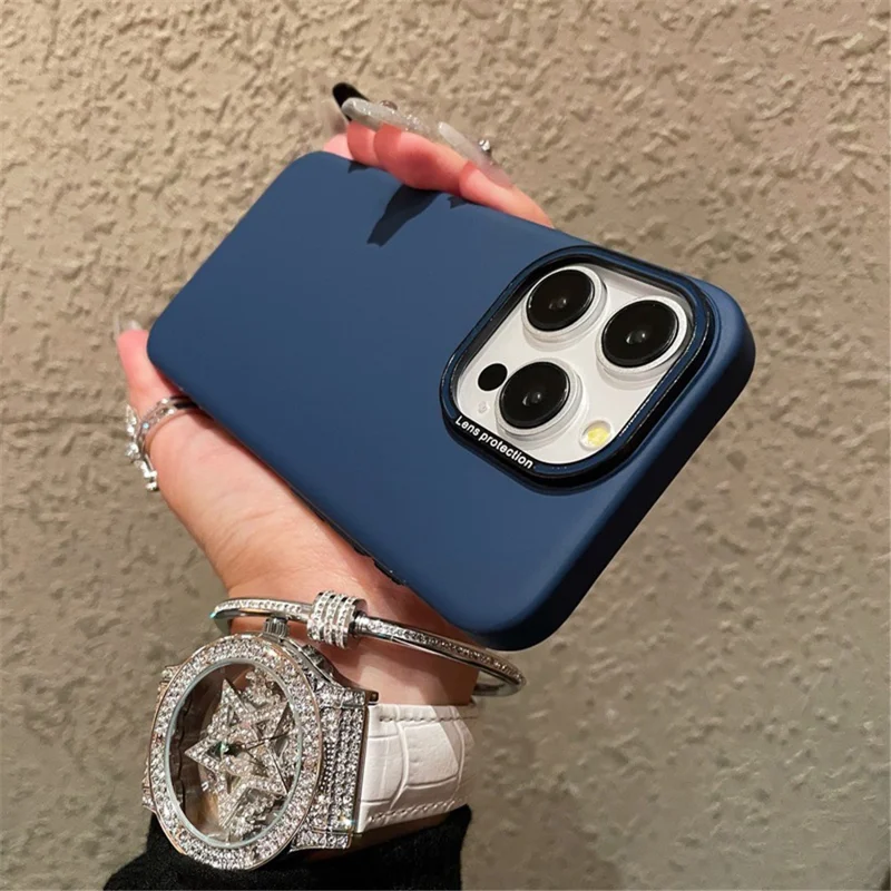 For iPhone 15 Pro Cell Phone Case Matte PC Phone Shell with Metal Lens Frame - Sapphire