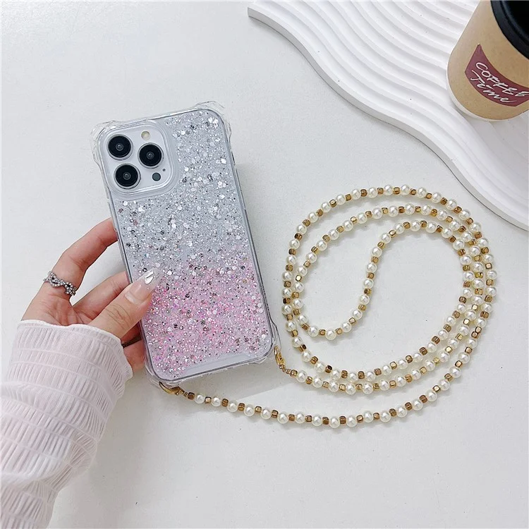 Phone Case for iPhone 15 Pro Max TPU+Acrylic Dual-Color Gradient Cell Phone Cover with Long Strap - Silver+Pink