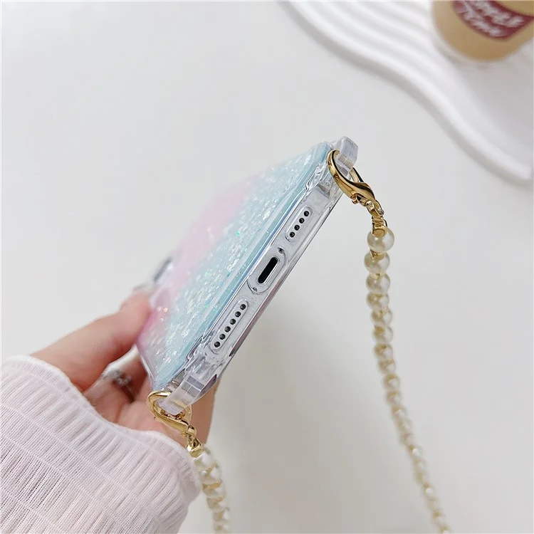 Phone Case for iPhone 15 Pro Max TPU+Acrylic Dual-Color Gradient Cell Phone Cover with Long Strap - Silver+Pink
