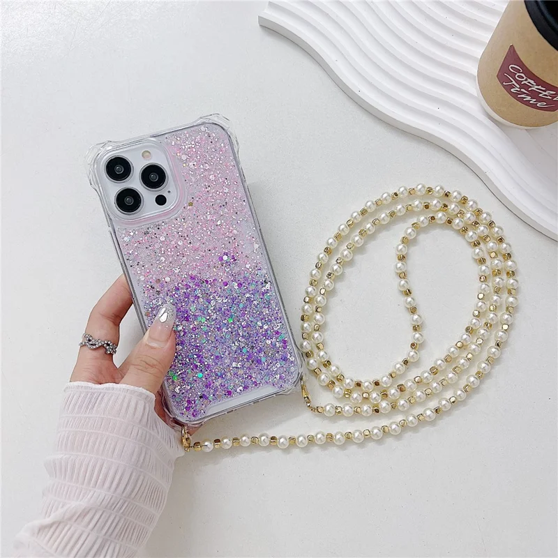 Phone Case for iPhone 15 Pro Max TPU+Acrylic Dual-Color Gradient Cell Phone Cover with Long Strap - Pink+Purple