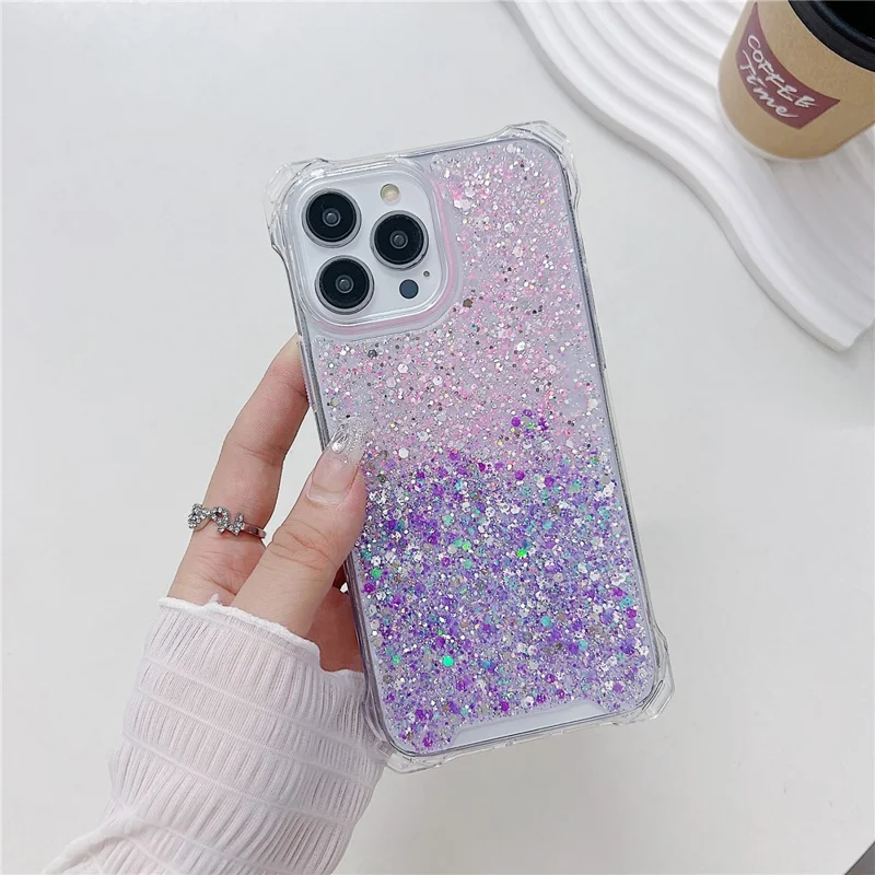 Phone Case for iPhone 15 Pro Max TPU+Acrylic Dual-Color Gradient Cell Phone Cover with Long Strap - Pink+Purple