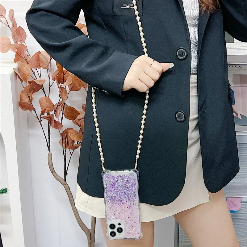 Phone Case for iPhone 15 Pro Max TPU+Acrylic Dual-Color Gradient Cell Phone Cover with Long Strap - Pink+Purple