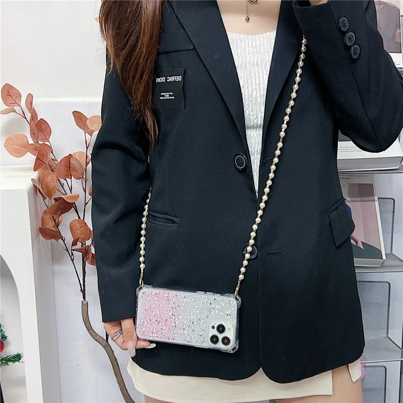 Phone Case for iPhone 15 Pro Max TPU+Acrylic Dual-Color Gradient Cell Phone Cover with Long Strap - Pink+Purple