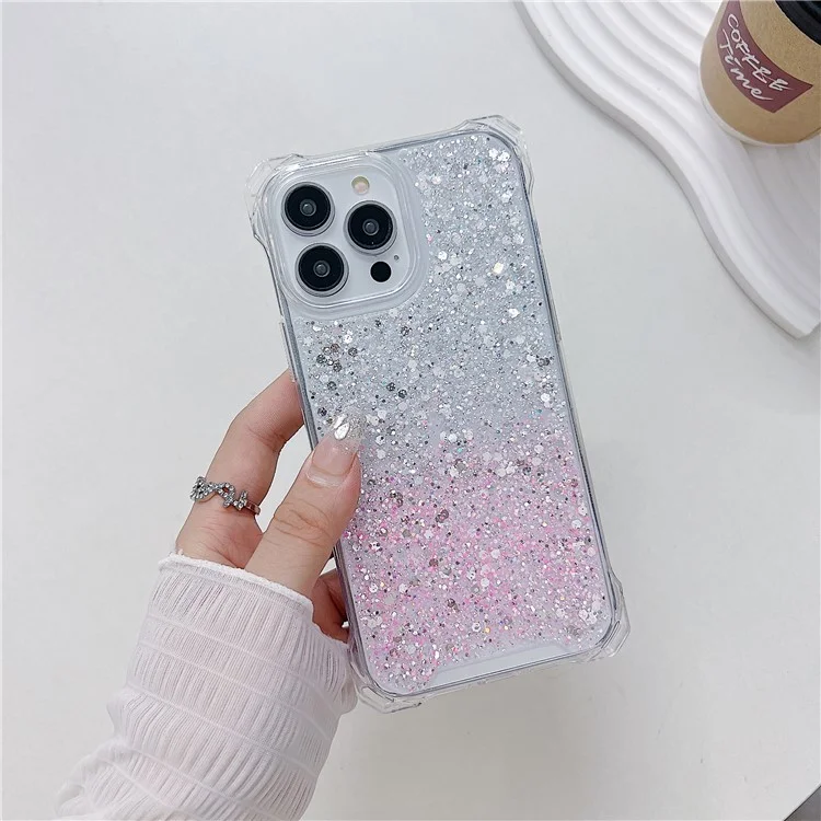 Phone Case for iPhone 15 Pro TPU+Acrylic Dual-Color Back Cover with Pearl Long Strap - Silver+Pink