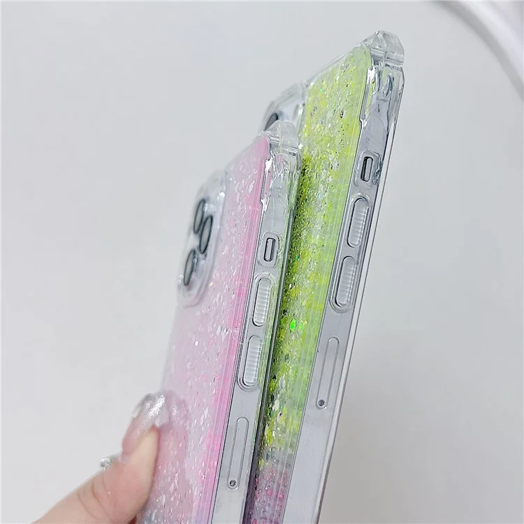 Phone Case for iPhone 15 Pro TPU+Acrylic Dual-Color Back Cover with Pearl Long Strap - Silver+Pink