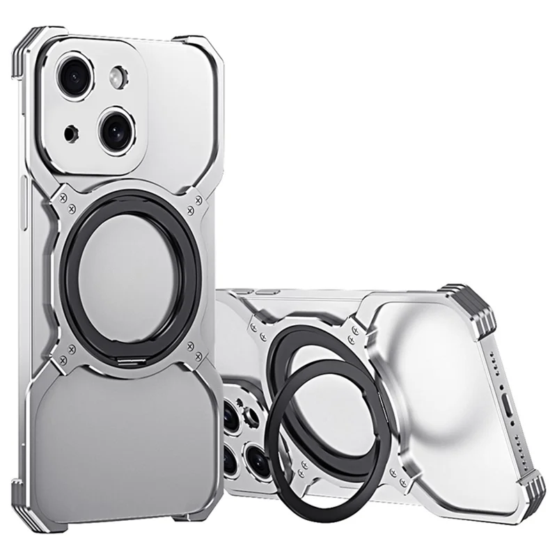 For iPhone 15 Case Compatible with MagSafe Frameless Metal Phone Bumper Case with Kickstand - Silver