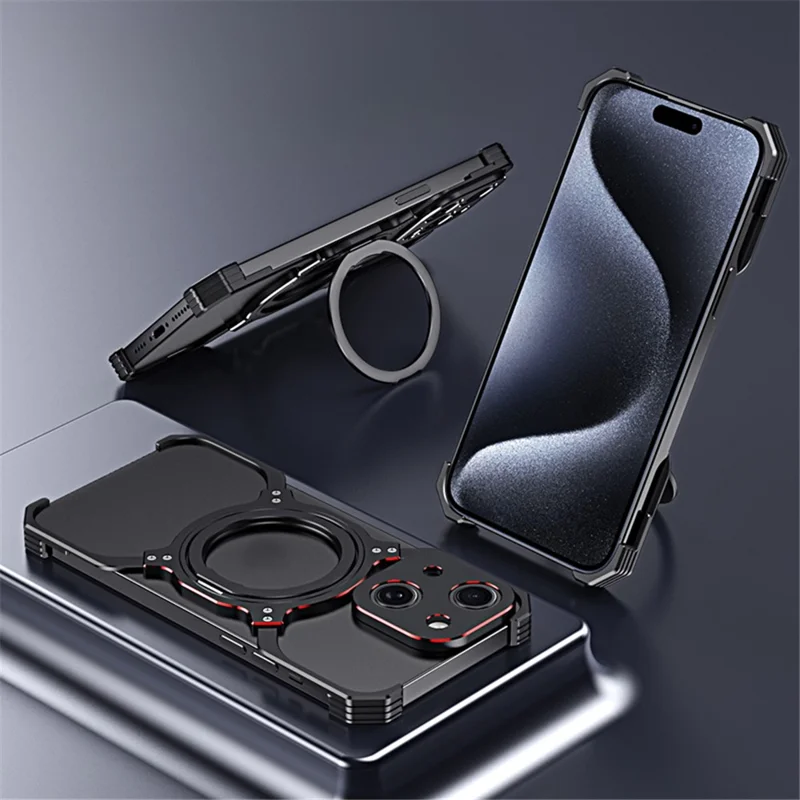 For iPhone 15 Case Compatible with MagSafe Frameless Metal Phone Bumper Case with Kickstand - Silver