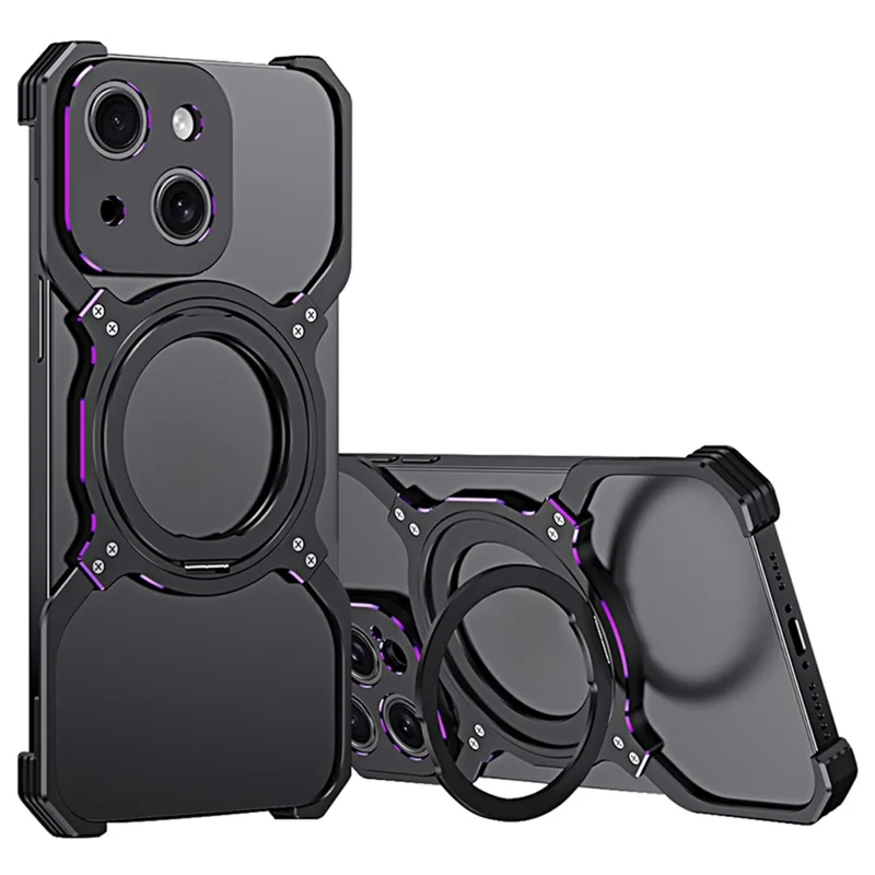 For iPhone 15 Case Compatible with MagSafe Frameless Metal Phone Bumper Case with Kickstand - Black+Purple