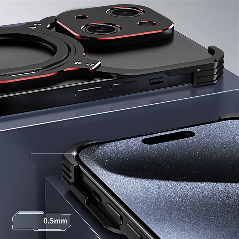 For iPhone 15 Case Compatible with MagSafe Frameless Metal Phone Bumper Case with Kickstand - Black+Purple