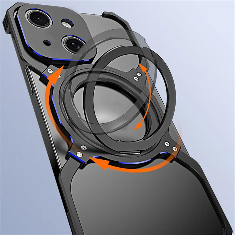 For iPhone 15 Case Compatible with MagSafe Frameless Metal Phone Bumper Case with Kickstand - Black+Purple