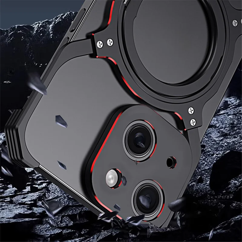 For iPhone 15 Case Compatible with MagSafe Frameless Metal Phone Bumper Case with Kickstand - Black+Purple