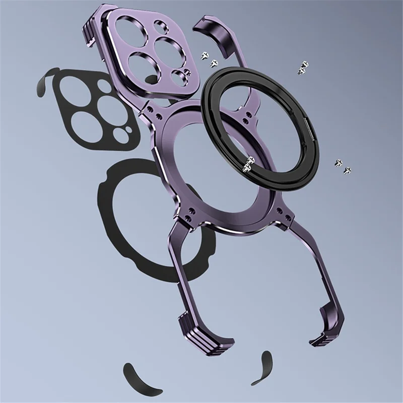 For iPhone 15 Case Compatible with MagSafe Frameless Metal Phone Bumper Case with Kickstand - Black+Purple