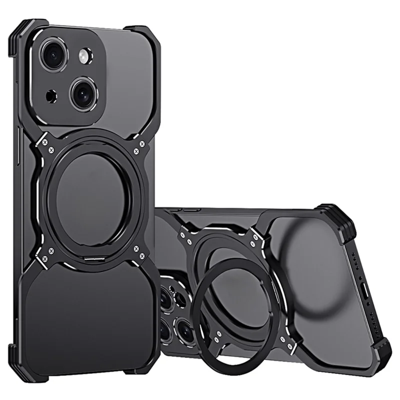 For iPhone 15 Case Compatible with MagSafe Frameless Metal Phone Bumper Case with Kickstand - Black+Silver