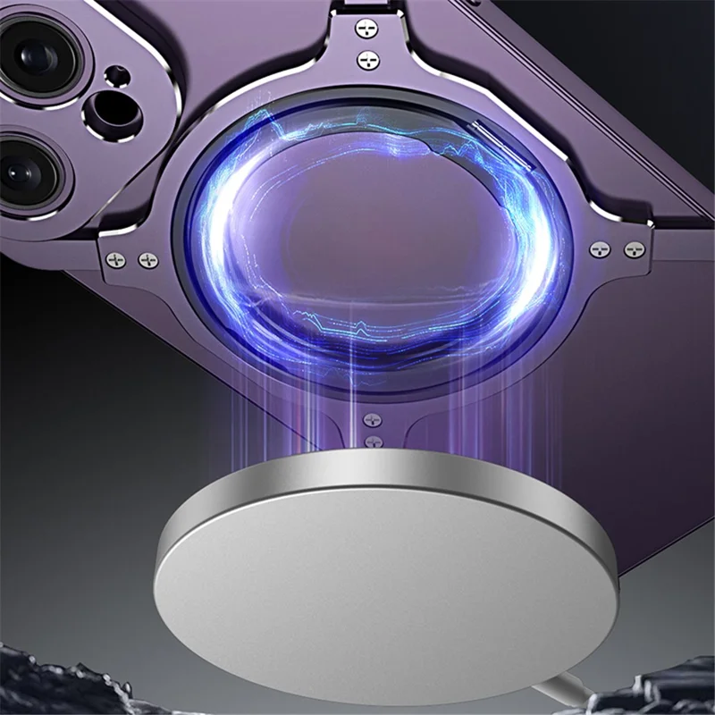 For iPhone 15 Case Compatible with MagSafe Frameless Metal Phone Bumper Case with Kickstand - Black+Silver