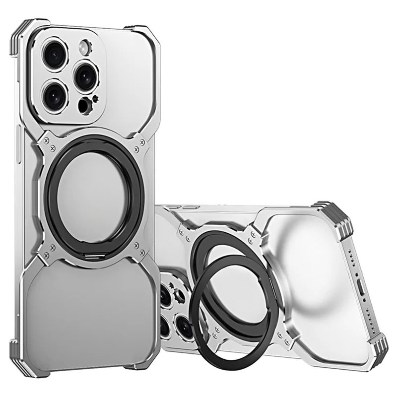 For iPhone 14 Pro Max Phone Bumper Case Compatible with Mgsafe Kickstand Frameless Metal Cover - Silver