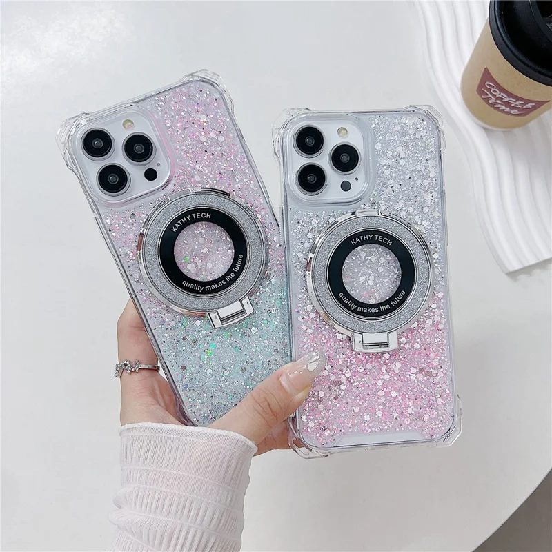 For iPhone 15 Pro Case TPU+Acrylic Gradient Magnetic Kickstand Anti-Fall Phone Cover - Pink+Green