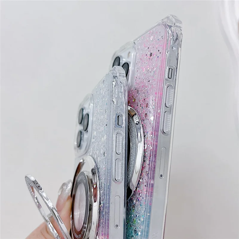 For iPhone 14 Pro Max Case TPU+Acrylic Cell Phone Back Cover Gradient Magnetic Kickstand Protective Shell - Silver+Pink