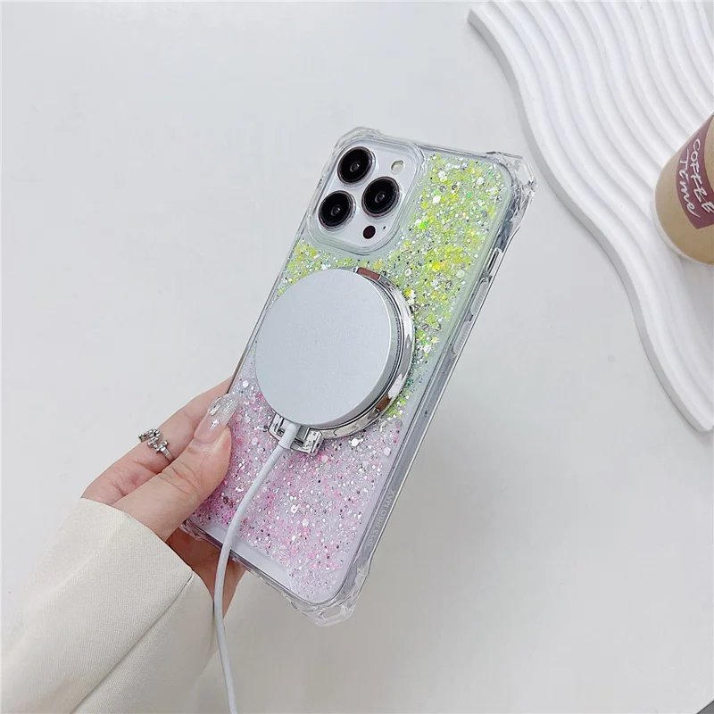 For iPhone 13 Pro Max Cell Phone Cases TPU+Acrylic Gradient Cover with Magnetic Ring Kickstand - Yellow+Pink