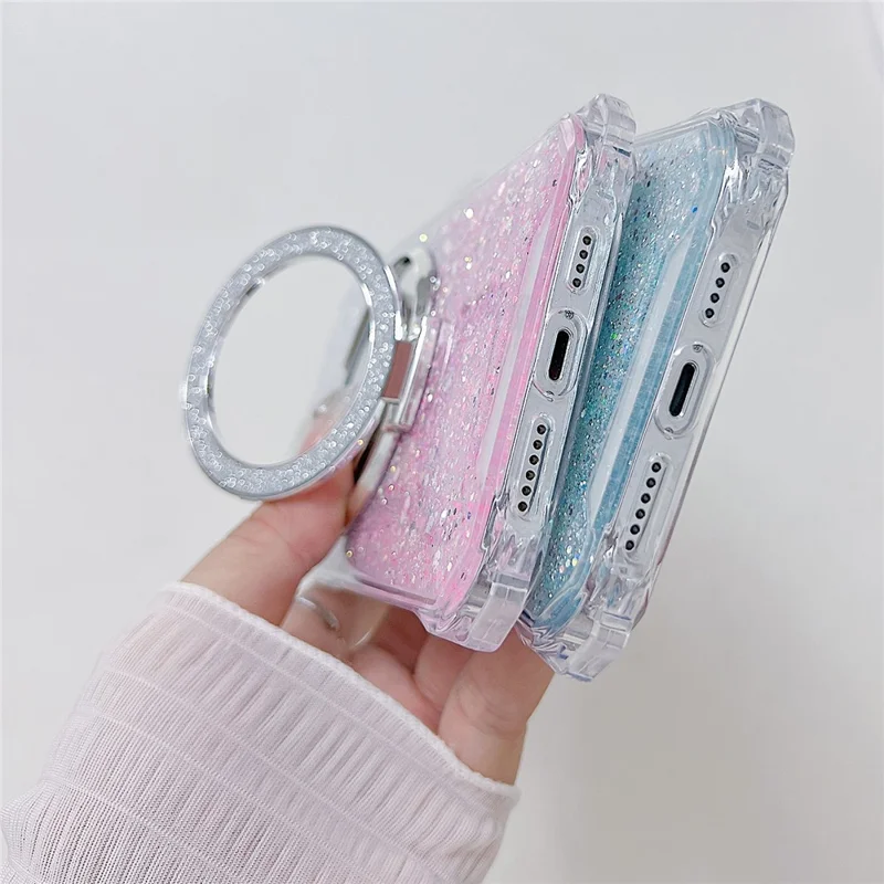 For iPhone 13 Pro Max Cell Phone Cases TPU+Acrylic Gradient Cover with Magnetic Ring Kickstand - Yellow+Pink