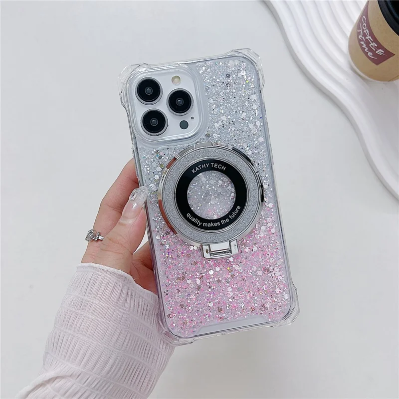 For iPhone 13 Pro Max Cell Phone Cases TPU+Acrylic Gradient Cover with Magnetic Ring Kickstand - Silver+Pink