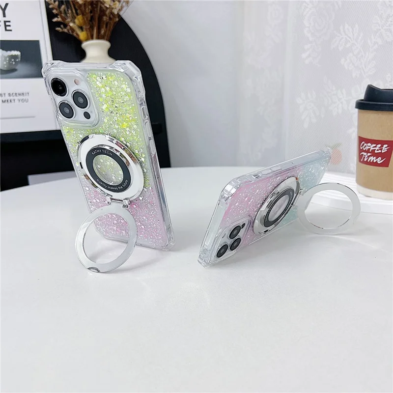 For iPhone 13 Pro Max Cell Phone Cases TPU+Acrylic Gradient Cover with Magnetic Ring Kickstand - Silver+Pink