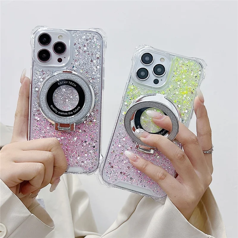 For iPhone 13 Pro Max Cell Phone Cases TPU+Acrylic Gradient Cover with Magnetic Ring Kickstand - Silver+Pink