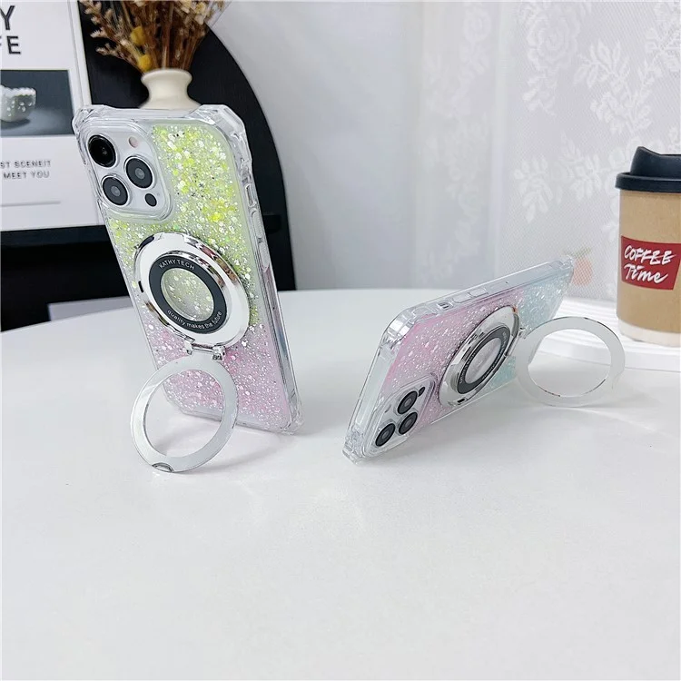 For iPhone 15 Pro Ring Kickstand TPU+Acrylic Case Gradient Phone Cover Compatible with MagSafe - Pink+Green