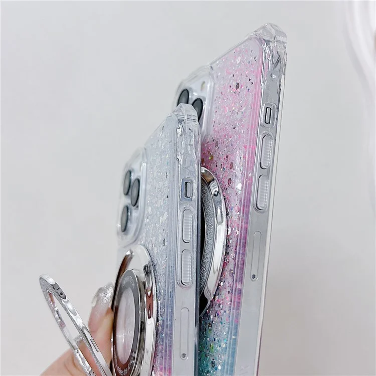 For iPhone 15 Pro Ring Kickstand TPU+Acrylic Case Gradient Phone Cover Compatible with MagSafe - Pink+Green