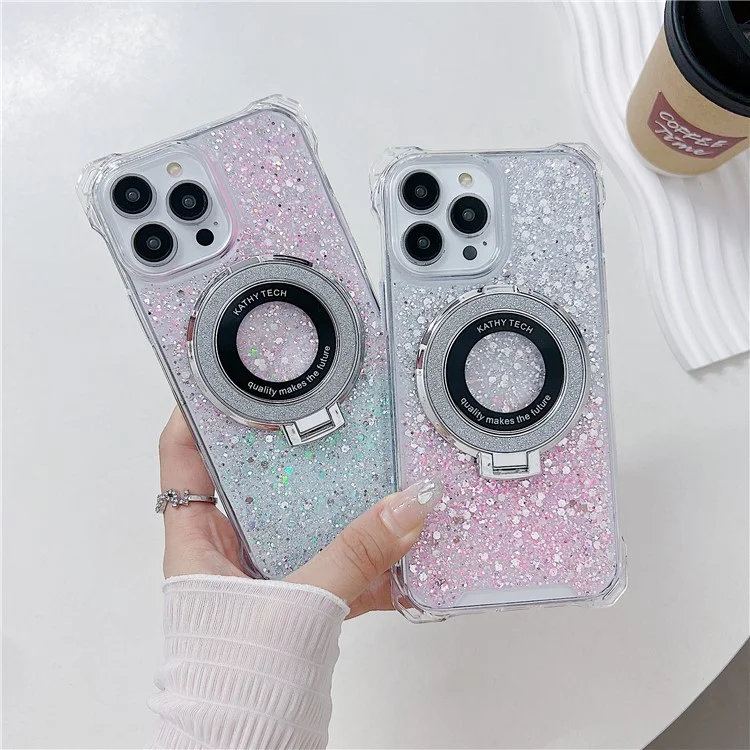 For iPhone 15 Pro Ring Kickstand TPU+Acrylic Case Gradient Phone Cover Compatible with MagSafe - Pink+Green