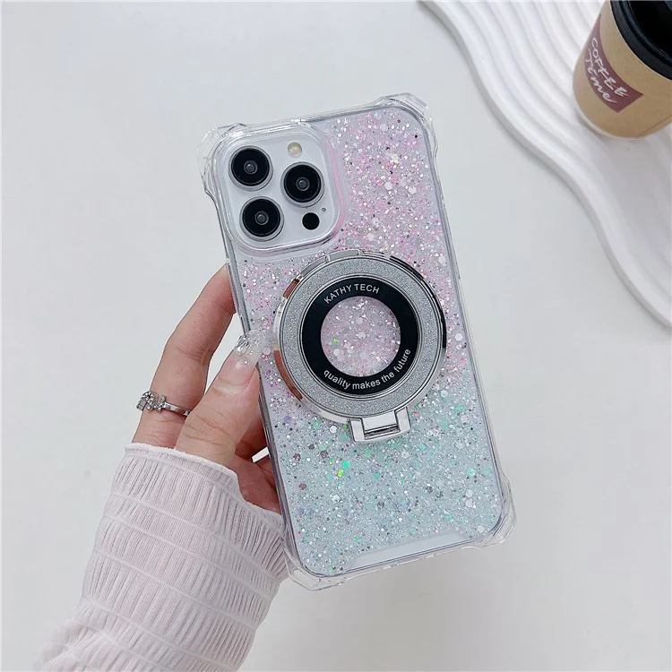 For iPhone 13 Pro TPU+Acrylic Case Gradient Phone Cover with Magnetic Ring Kickstand - Pink+Green