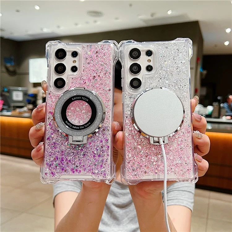 For Samsung Galaxy S24 Ultra Case TPU+Acrylic Gradient Phone Cover with Magnetic Ring Kickstand - Yellow+Pink
